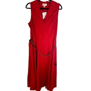 New Talbots Red Cotton‎ Sleeveless Midi Dress with Belt Size 16